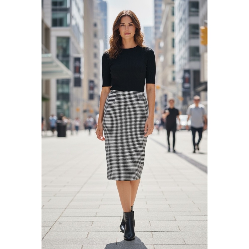 Alex & Olivia Pencil Skirt Womens Medium Black White Grid Stretch Midi Career